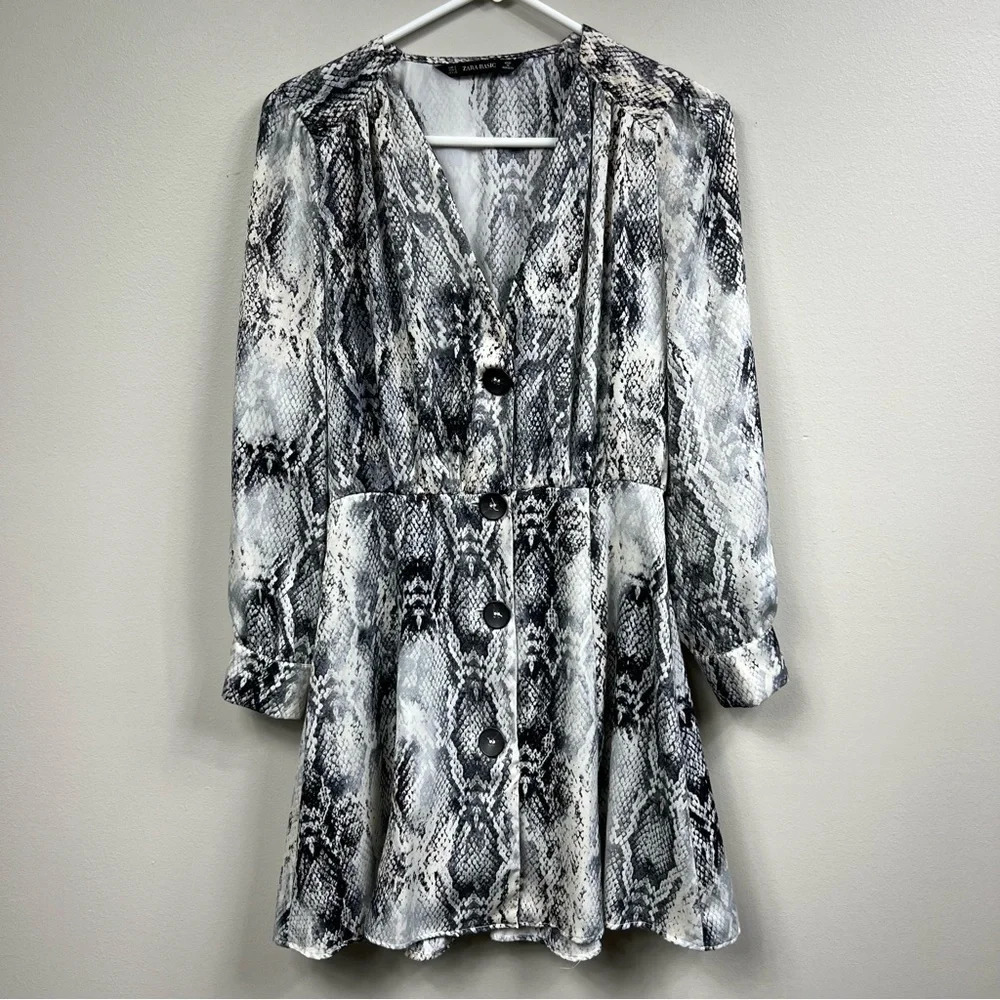 ZARA Basic long sleeve button down snake python print dress Sz S
